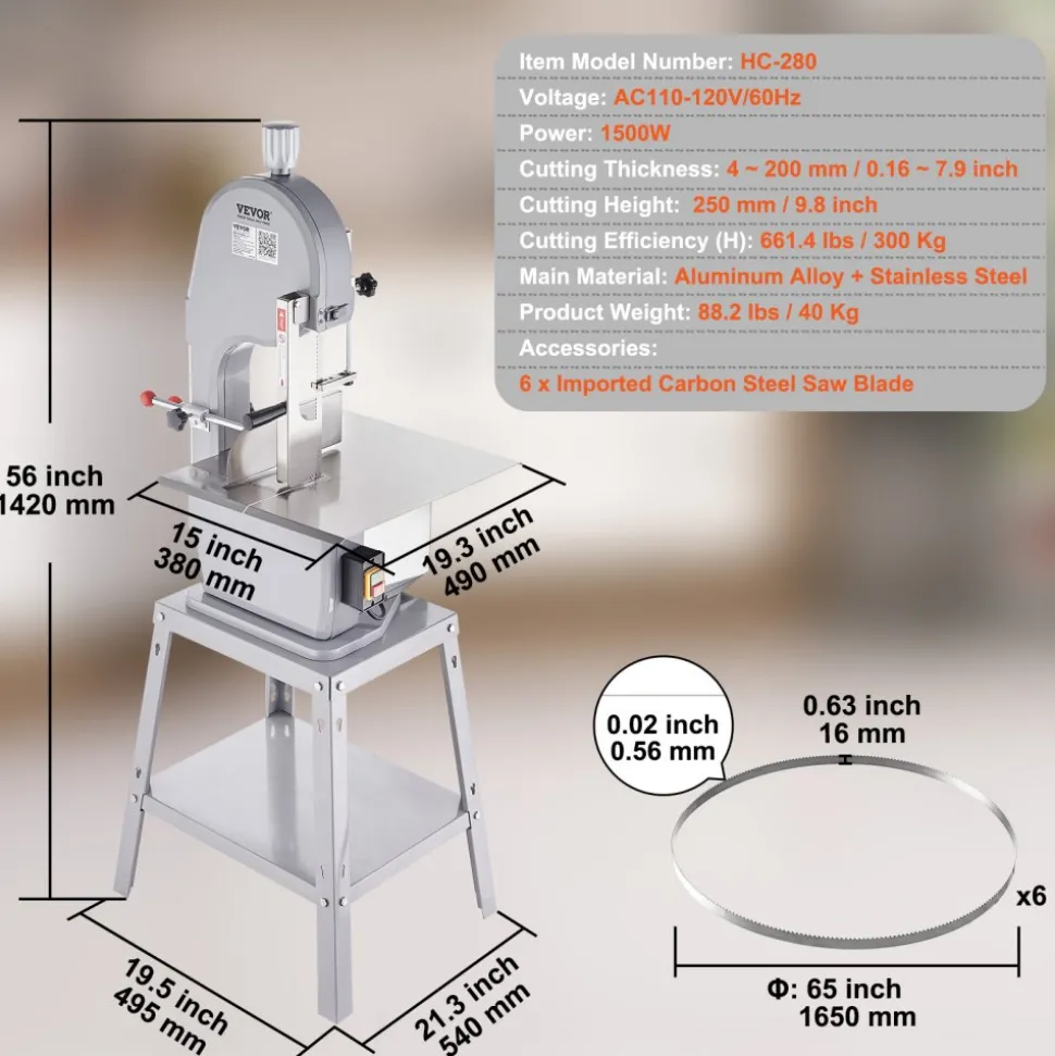 VEVOR Commercial Electric Meat Bandsaw, 1500W Stainless Steel Vertical Bone Sawing Machine, Workbeach 19.3" x 15", 0.16-7.9 Inch Cutting Thickness, Frozen Meat Cutter with 6 Blades for Rib Pork Beef