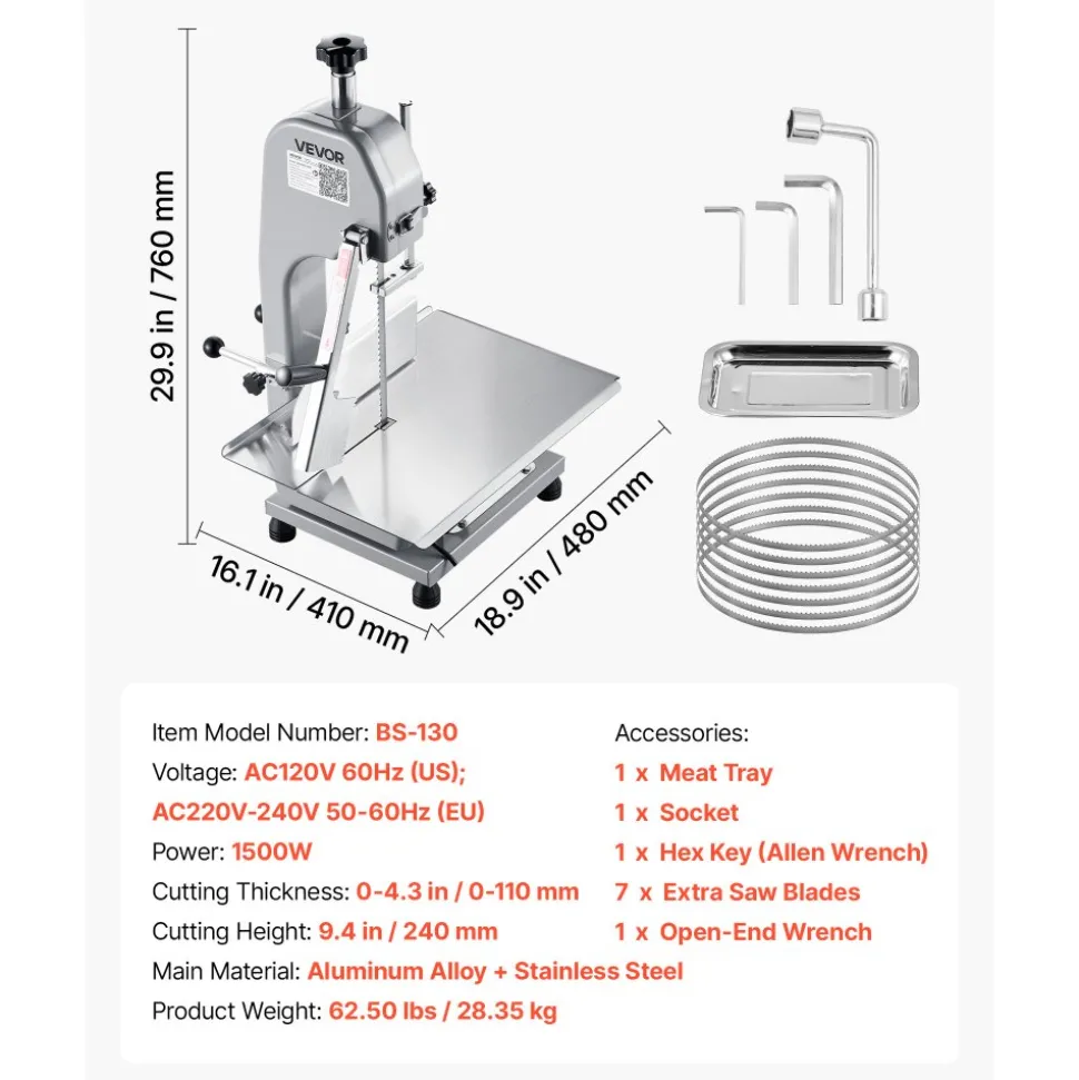 VEVOR Commercial Electric Meat Bandsaw, 1500W Bone Sawing Machine with 12.4" x 18.1" Workbench, 0-4.3" Cutting Thickness, 7 Extra Replacement Blades, for Cutting Bone, Frozen Meat, Pork, Beef & Ribs