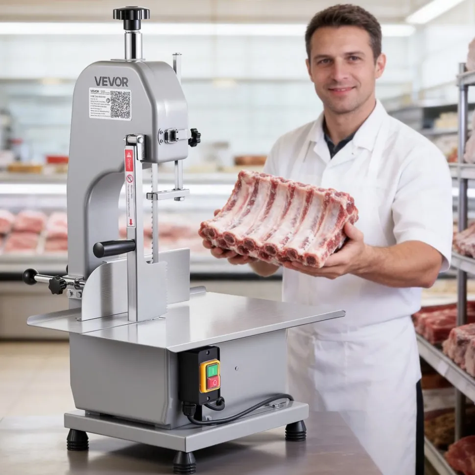 VEVOR Commercial Electric Meat Bandsaw, 1500W Bone Sawing Machine with 12.4" x 18.1" Workbench, 0-4.3" Cutting Thickness, 7 Extra Replacement Blades, for Cutting Bone, Frozen Meat, Pork, Beef & Ribs