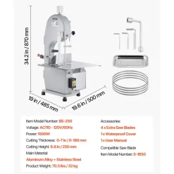 VEVOR Commercial Electric Meat Bandsaw, 2200W Stainless Steel Countertop Bone Sawing Machine, Workbeach 18.5