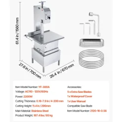 VEVOR Commercial Electric Meat Bandsaw, 2200W Stainless Steel Vertical Bone Sawing Machine, Workbeach 24.4