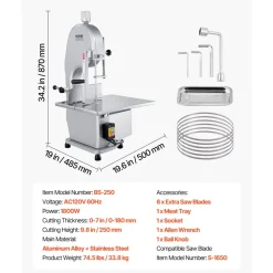 VEVOR Commercial Electric Meat Bandsaw, 1800W Stainless Steel Countertop Bone Sawing Machine, Workbeach 15