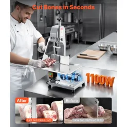 VEVOR Commercial Electric Meat Bandsaw, 1100W Bone Sawing Machine with 12.4" x 18.1" Workbench, 0-4.3" Cutting Thickness, 7 Extra Replacement Blades, for Cutting Bone, Frozen Meat, Pork, Beef & Ribs