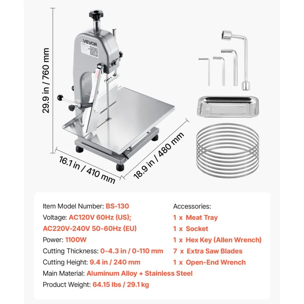 VEVOR Commercial Electric Meat Bandsaw, 1100W Bone Sawing Machine with 12.4" x 18.1" Workbench, 0-4.3" Cutting Thickness, 7 Extra Replacement Blades, for Cutting Bone, Frozen Meat, Pork, Beef & Ribs