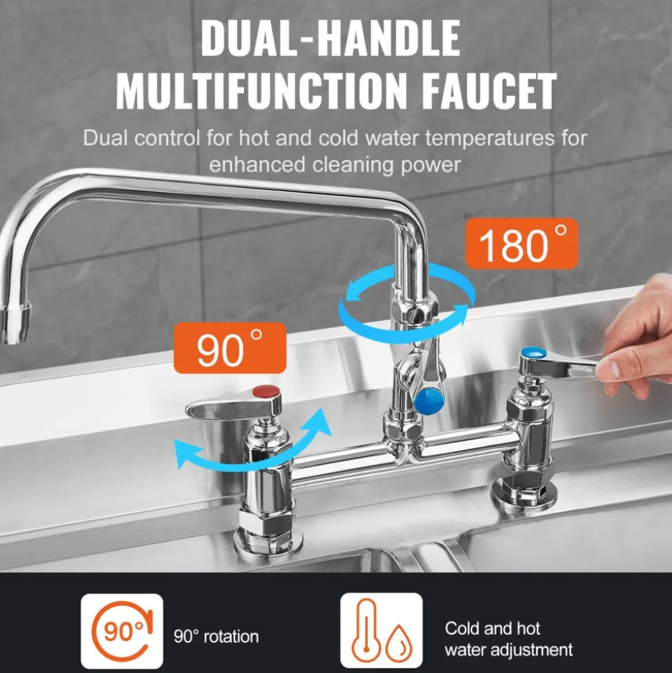 VEVOR Commercial Faucet with Pre-Rinse Sprayer, 26" Height, 8" Center, 12" Swing Spout, Deck Mount Kitchen Sink Faucet, Brass Constructed Device with Pull Down Spray, for 1/2/3 Compartment Sink
