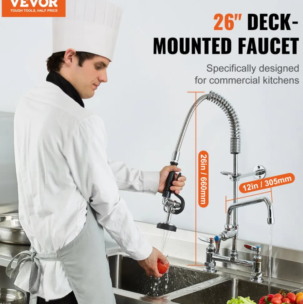 VEVOR Commercial Faucet with Pre-Rinse Sprayer, 26" Height, 8" Center, 12" Swing Spout, Deck Mount Kitchen Sink Faucet, Brass Constructed Device with Pull Down Spray, for 1/2/3 Compartment Sink