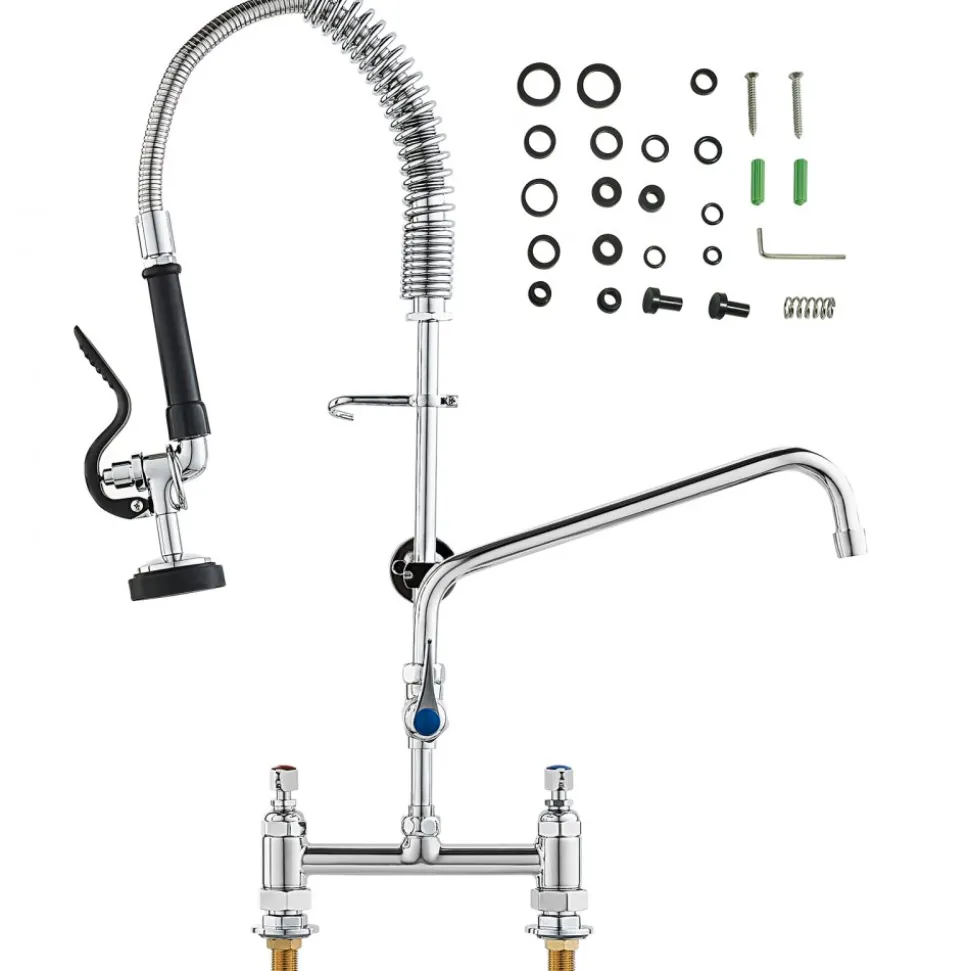 VEVOR Commercial Faucet with Pre-Rinse Sprayer, 26" Height, 8" Center, 12" Swing Spout, Deck Mount Kitchen Sink Faucet, Brass Constructed Device with Pull Down Spray, for 1/2/3 Compartment Sink