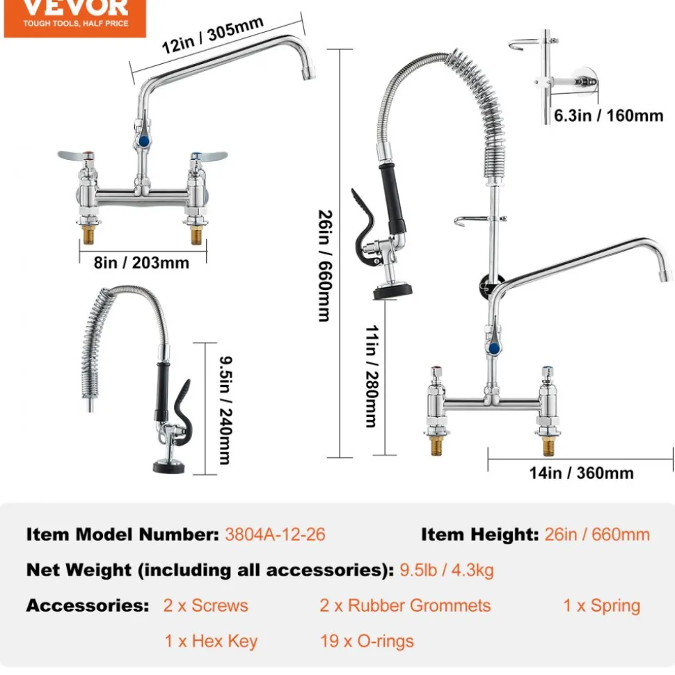 VEVOR Commercial Faucet with Pre-Rinse Sprayer, 26" Height, 8" Center, 12" Swing Spout, Deck Mount Kitchen Sink Faucet, Brass Constructed Device with Pull Down Spray, for 1/2/3 Compartment Sink