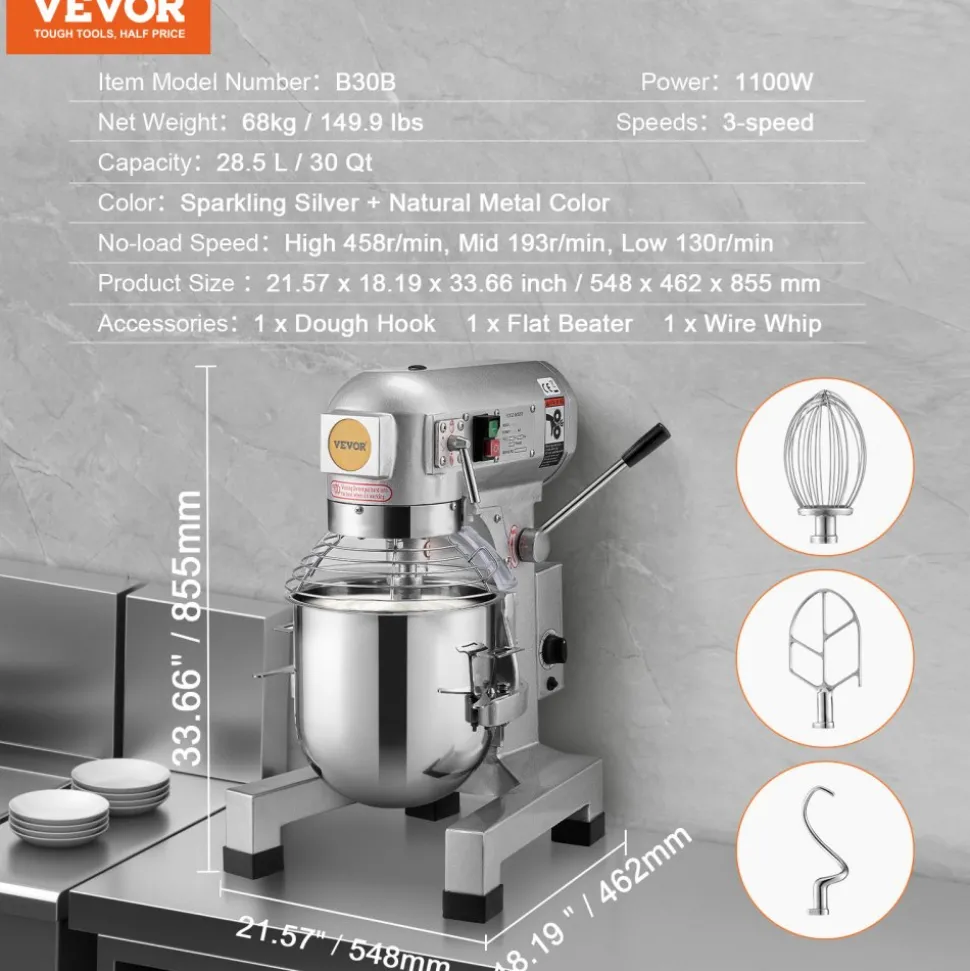 VEVOR Commercial Food Mixer, 18.7L Commercial Stand Mixer with 3 Adjustable Speeds, 1100W Dough Mixer with Stainless Steel Bowl and 3 Mixing Attachments, Ideal for Restaurant, Bakery, Pastry shop, Caf