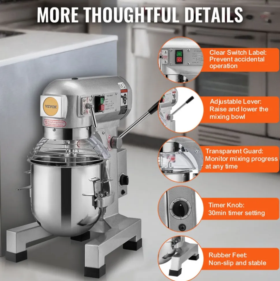 VEVOR Commercial Food Mixer, 18.7L Commercial Stand Mixer with 3 Adjustable Speeds, 1100W Dough Mixer with Stainless Steel Bowl and 3 Mixing Attachments, Ideal for Restaurant, Bakery, Pastry shop, Caf