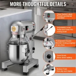 VEVOR Commercial Food Mixer, 14L Commercial Stand Mixer with 3 Adjustable Speeds, 550W Dough Mixer with Stainless Steel Bowl and 3 Mixing Attachments, Ideal for Restaurant, Bakery, Pastry shop, Cafe