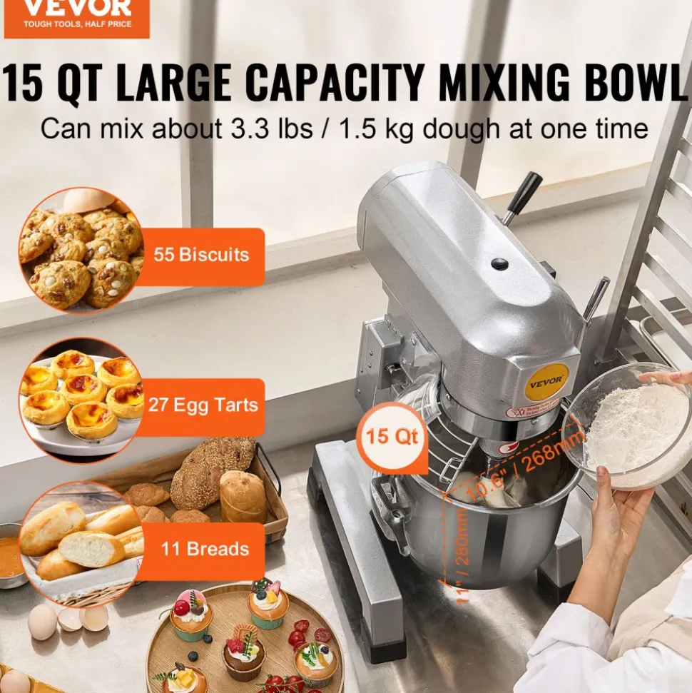 VEVOR Commercial Food Mixer, 14L Commercial Stand Mixer with 3 Adjustable Speeds, 550W Dough Mixer with Stainless Steel Bowl and 3 Mixing Attachments, Ideal for Restaurant, Bakery, Pastry shop, Cafe