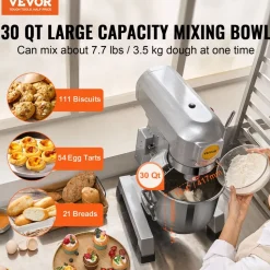 VEVOR Commercial Food Mixer, 30Qt Commercial Mixer with Timing Function, 1100W Stainless Steel Bowl Heavy Duty Electric Food Mixer Commercial with 3 Speeds Adjustable 108/199/382 RPM, Dough Hook Whisk