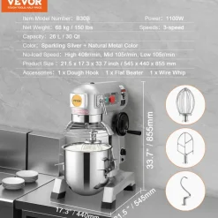 VEVOR Commercial Food Mixer, 30Qt Commercial Mixer with Timing Function, 1100W Stainless Steel Bowl Heavy Duty Electric Food Mixer Commercial with 3 Speeds Adjustable 108/199/382 RPM, Dough Hook Whisk