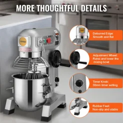 VEVOR Commercial Food Mixer, 30Qt Commercial Mixer with Timing Function, 1100W Stainless Steel Bowl Heavy Duty Electric Food Mixer Commercial with 3 Speeds Adjustable 108/199/382 RPM, Dough Hook Whisk