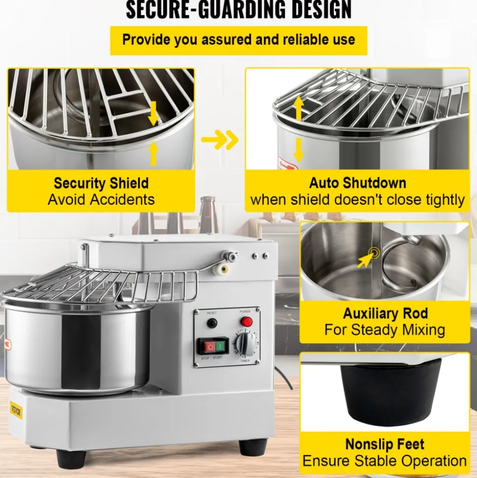 VEVOR Commercial Food Mixer, 7.3Qt Capacity, 450W Dual Rotating Dough Kneading Machine with Food-grade Stainless Steel Bowl, Security Shield & Timer Included, Baking Equipment for Restaurant Pizzeria