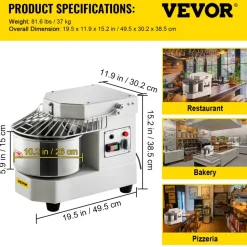 VEVOR Commercial Food Mixer, 7.3Qt Capacity, 450W Dual Rotating Dough Kneading Machine with Food-grade Stainless Steel Bowl, Security Shield & Timer Included, Baking Equipment for Restaurant Pizzeria