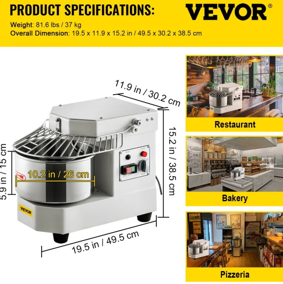 VEVOR Commercial Food Mixer, 7.3Qt Capacity, 450W Dual Rotating Dough Kneading Machine with Food-grade Stainless Steel Bowl, Security Shield & Timer Included, Baking Equipment for Restaurant Pizzeria
