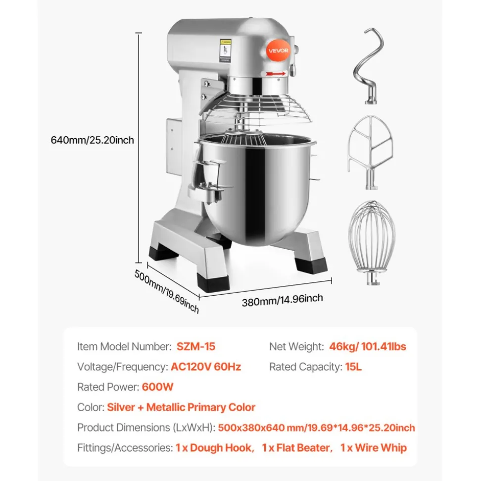 VEVOR Commercial Food Mixer 15Qt 600W 3 Speeds Adjustable 110/178/390 RPM Heavy Duty 110V with Stainless Steel Bowl Dough Hooks Whisk Beater Premium for Schools Bakeries Restaurants Pizzerias