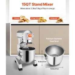 VEVOR Commercial Food Mixer 15Qt 600W 3 Speeds Adjustable 110/178/390 RPM Heavy Duty 110V with Stainless Steel Bowl Dough Hooks Whisk Beater Premium for Schools Bakeries Restaurants Pizzerias