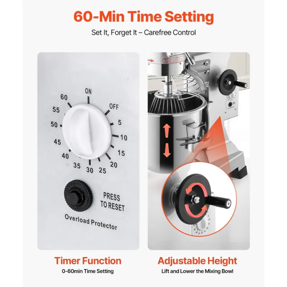 VEVOR Commercial Food Mixer 15Qt 600W 3 Speeds Adjustable 110/178/390 RPM Heavy Duty 110V with Stainless Steel Bowl Dough Hooks Whisk Beater Premium for Schools Bakeries Restaurants Pizzerias