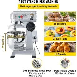 VEVOR Commercial Food Mixer 30Qt 1100W 3 Speeds Adjustable 105/180/408 RPM Heavy Duty 110V with Stainless Steel Bowl Dough Hooks Whisk Beater for Schools Bakeries Restaurants Pizzerias