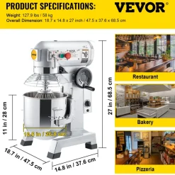 VEVOR Commercial Food Mixer 30Qt 1100W 3 Speeds Adjustable 105/180/408 RPM Heavy Duty 110V with Stainless Steel Bowl Dough Hooks Whisk Beater for Schools Bakeries Restaurants Pizzerias