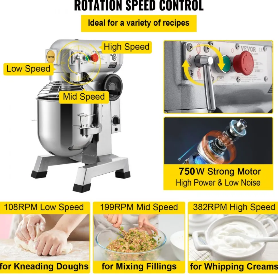VEVOR Commercial Food Mixer 20Qt 750W 3 Speeds Adjustable 105 180 and 408 RPM Food Processor Heavy Duty with Stainless Steel Bowl Dough Hooks Whisk Beater for Schools Bakeries Restaurants Pizzeria