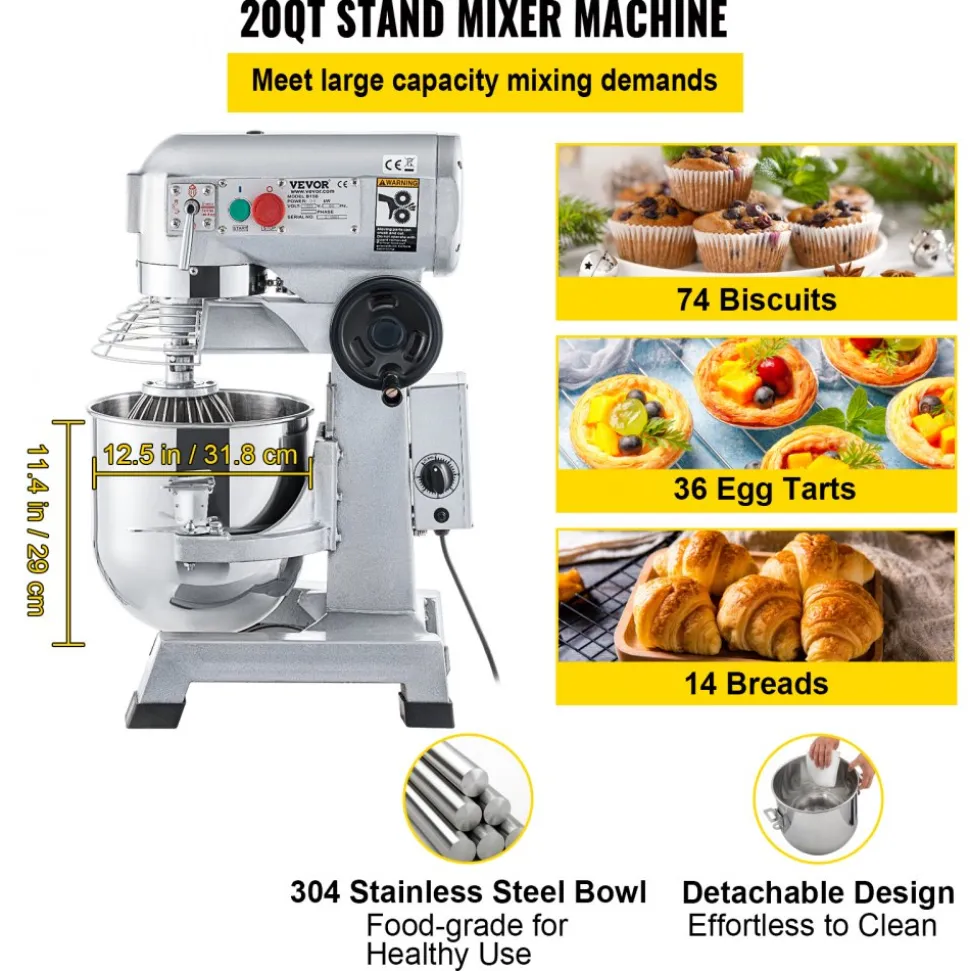 VEVOR Commercial Food Mixer 20Qt 750W 3 Speeds Adjustable 105 180 and 408 RPM Food Processor Heavy Duty with Stainless Steel Bowl Dough Hooks Whisk Beater for Schools Bakeries Restaurants Pizzeria