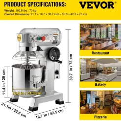 VEVOR Commercial Food Mixer 20Qt 750W 3 Speeds Adjustable 105 180 and 408 RPM Food Processor Heavy Duty with Stainless Steel Bowl Dough Hooks Whisk Beater for Schools Bakeries Restaurants Pizzeria