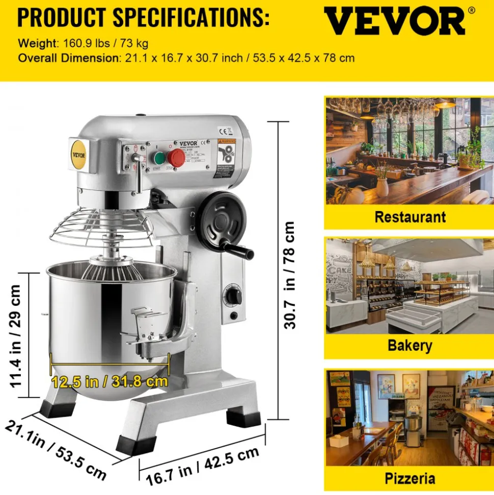 VEVOR Commercial Food Mixer 20Qt 750W 3 Speeds Adjustable 105 180 and 408 RPM Food Processor Heavy Duty with Stainless Steel Bowl Dough Hooks Whisk Beater for Schools Bakeries Restaurants Pizzeria