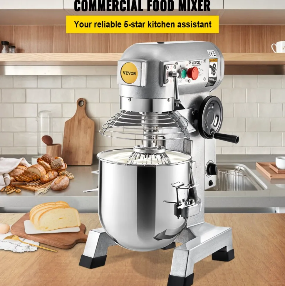 VEVOR Commercial Food Mixer 20Qt 750W 3 Speeds Adjustable 105 180 and 408 RPM Food Processor Heavy Duty with Stainless Steel Bowl Dough Hooks Whisk Beater for Schools Bakeries Restaurants Pizzeria