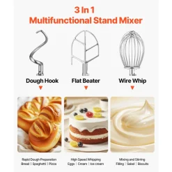 VEVOR Commercial Food Mixer 10Qt 450W 3 Speeds Adjustable 110/178/390 RPM Heavy Duty 110V with Stainless Steel Bowl Dough Hooks Whisk Beater Premium for Schools Bakeries Restaurants Pizzerias