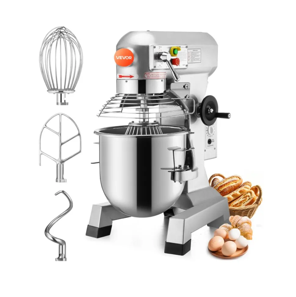 VEVOR Commercial Food Mixer 10Qt 450W 3 Speeds Adjustable 110/178/390 RPM Heavy Duty 110V with Stainless Steel Bowl Dough Hooks Whisk Beater Premium for Schools Bakeries Restaurants Pizzerias