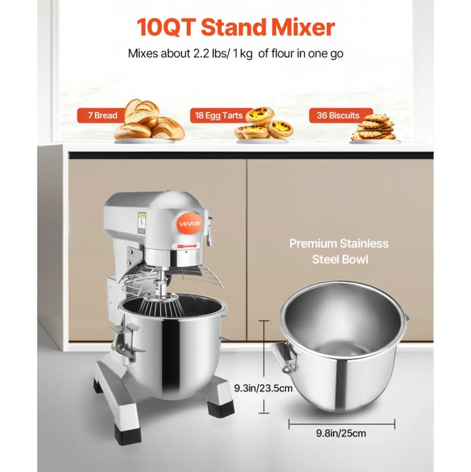 VEVOR Commercial Food Mixer 10Qt 450W 3 Speeds Adjustable 110/178/390 RPM Heavy Duty 110V with Stainless Steel Bowl Dough Hooks Whisk Beater Premium for Schools Bakeries Restaurants Pizzerias