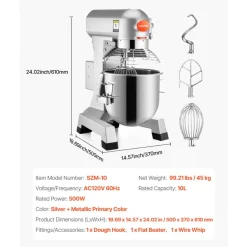 VEVOR Commercial Food Mixer 10Qt 450W 3 Speeds Adjustable 110/178/390 RPM Heavy Duty 110V with Stainless Steel Bowl Dough Hooks Whisk Beater Premium for Schools Bakeries Restaurants Pizzerias