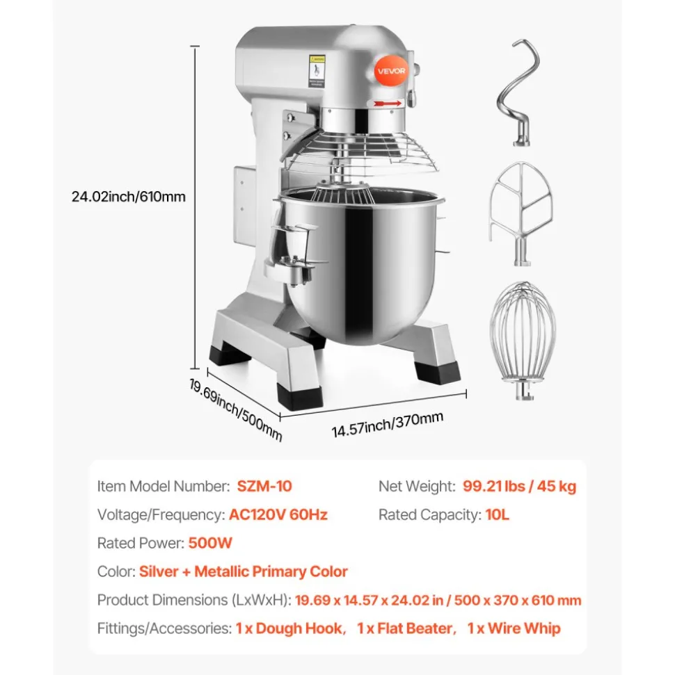 VEVOR Commercial Food Mixer 10Qt 450W 3 Speeds Adjustable 110/178/390 RPM Heavy Duty 110V with Stainless Steel Bowl Dough Hooks Whisk Beater Premium for Schools Bakeries Restaurants Pizzerias