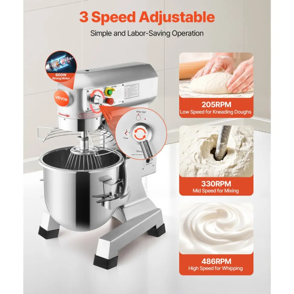 VEVOR Commercial Food Mixer 10Qt 450W 3 Speeds Adjustable 110/178/390 RPM Heavy Duty 110V with Stainless Steel Bowl Dough Hooks Whisk Beater Premium for Schools Bakeries Restaurants Pizzerias