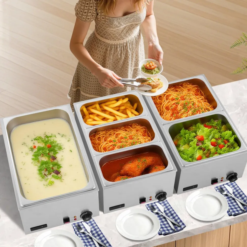 VEVOR Commercial Food Warmer, 1200W Electric Stainless Steel Steam Food Warmer, Fast Heating Countertop Buffet Bain Marie with Soup & Perforated Ladles, for Catering, Restaurants, Parties, Buffets