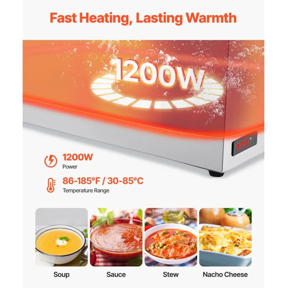 VEVOR Commercial Food Warmer, 1200W Electric Stainless Steel Steam Food Warmer, Fast Heating Countertop Buffet Bain Marie with Soup & Perforated Ladles, for Catering, Restaurants, Parties, Buffets