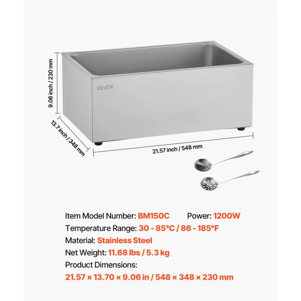VEVOR Commercial Food Warmer, 1200W Electric Stainless Steel Steam Food Warmer, Fast Heating Countertop Buffet Bain Marie with Soup & Perforated Ladles, for Catering, Restaurants, Parties, Buffets