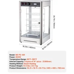 VEVOR Commercial Food Warmer Display, 4-Tier Pizza Warmer with Rotary Steam Heating for 14 in Pizza, 86℉~185℉ Temperature Control and Temp Display, 25W Oven Light + Top LED for Pizza Shop, Restaurant