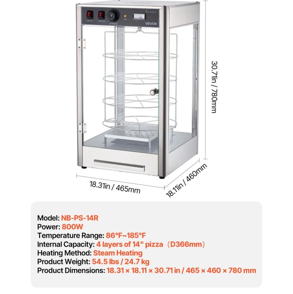 VEVOR Commercial Food Warmer Display, 4-Tier Pizza Warmer with Rotary Steam Heating for 14 in Pizza, 86℉~185℉ Temperature Control and Temp Display, 25W Oven Light + Top LED for Pizza Shop, Restaurant
