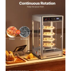 VEVOR Commercial Food Warmer Display, 4-Tier Pizza Warmer with Rotary Steam Heating for 14 in Pizza, 86℉~185℉ Temperature Control and Temp Display, 25W Oven Light + Top LED for Pizza Shop, Restaurant