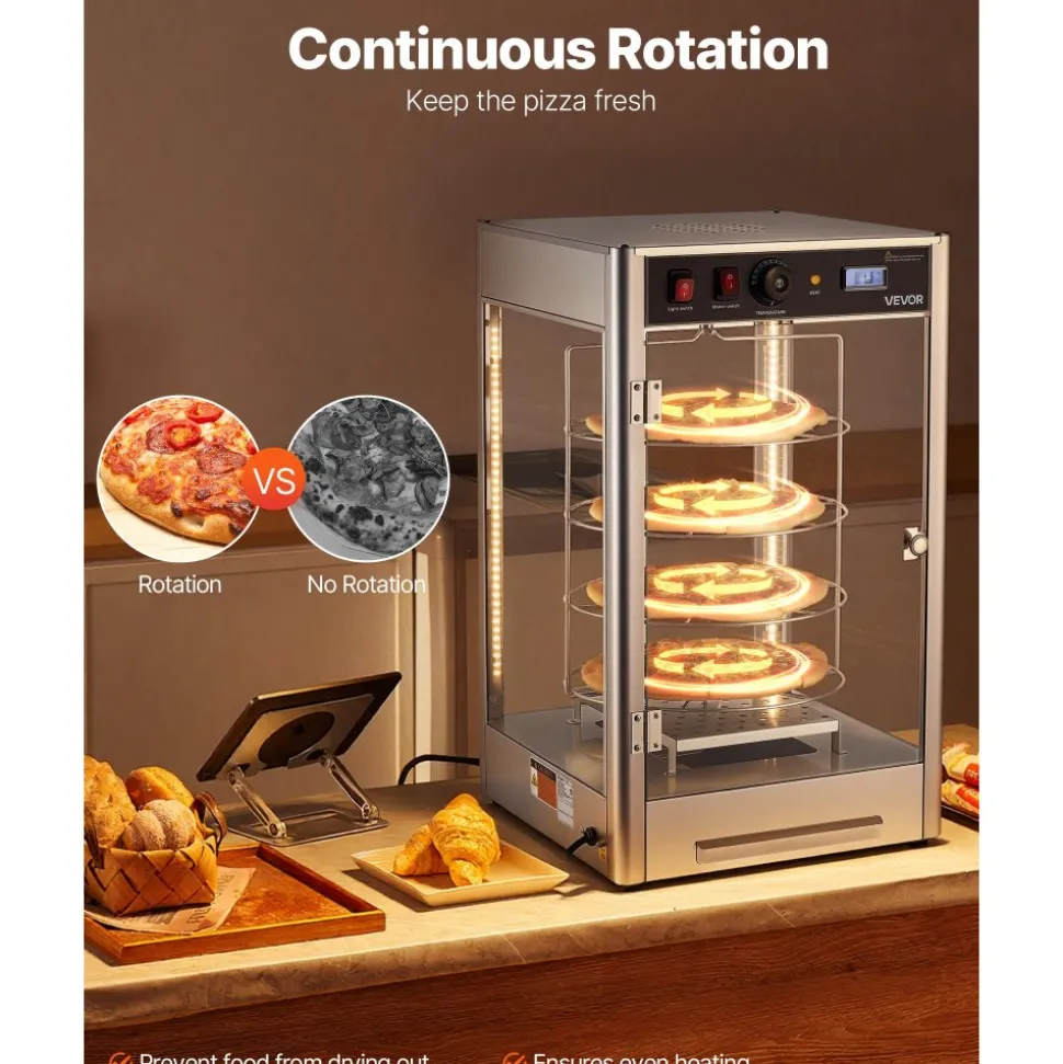 VEVOR Commercial Food Warmer Display, 4-Tier Pizza Warmer with Rotary Steam Heating for 14 in Pizza, 86℉~185℉ Temperature Control and Temp Display, 25W Oven Light + Top LED for Pizza Shop, Restaurant