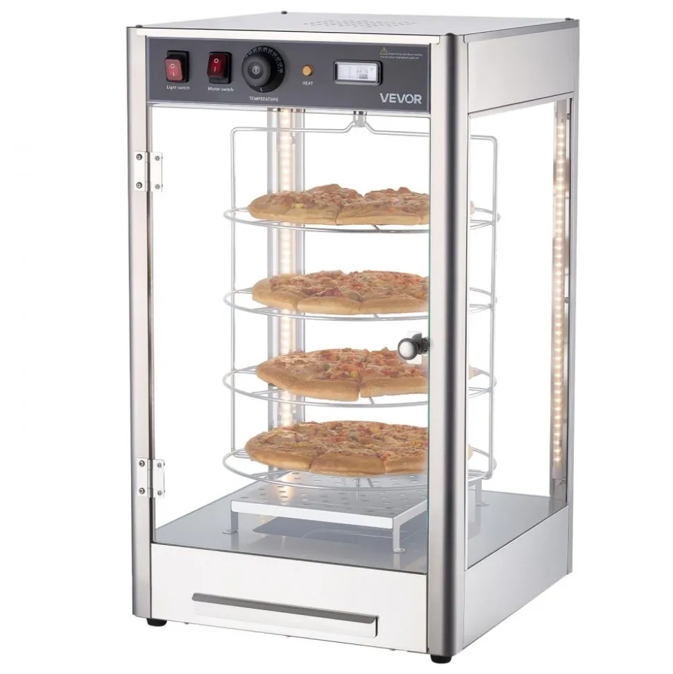 VEVOR Commercial Food Warmer Display, 4-Tier Pizza Warmer with Rotary Steam Heating for 14 in Pizza, 86℉~185℉ Temperature Control and Temp Display, 25W Oven Light + Top LED for Pizza Shop, Restaurant