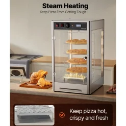 VEVOR Commercial Food Warmer Display, 4-Tier Pizza Warmer with Rotary Steam Heating for 14 in Pizza, 86℉~185℉ Temperature Control and Temp Display, 25W Oven Light + Top LED for Pizza Shop, Restaurant