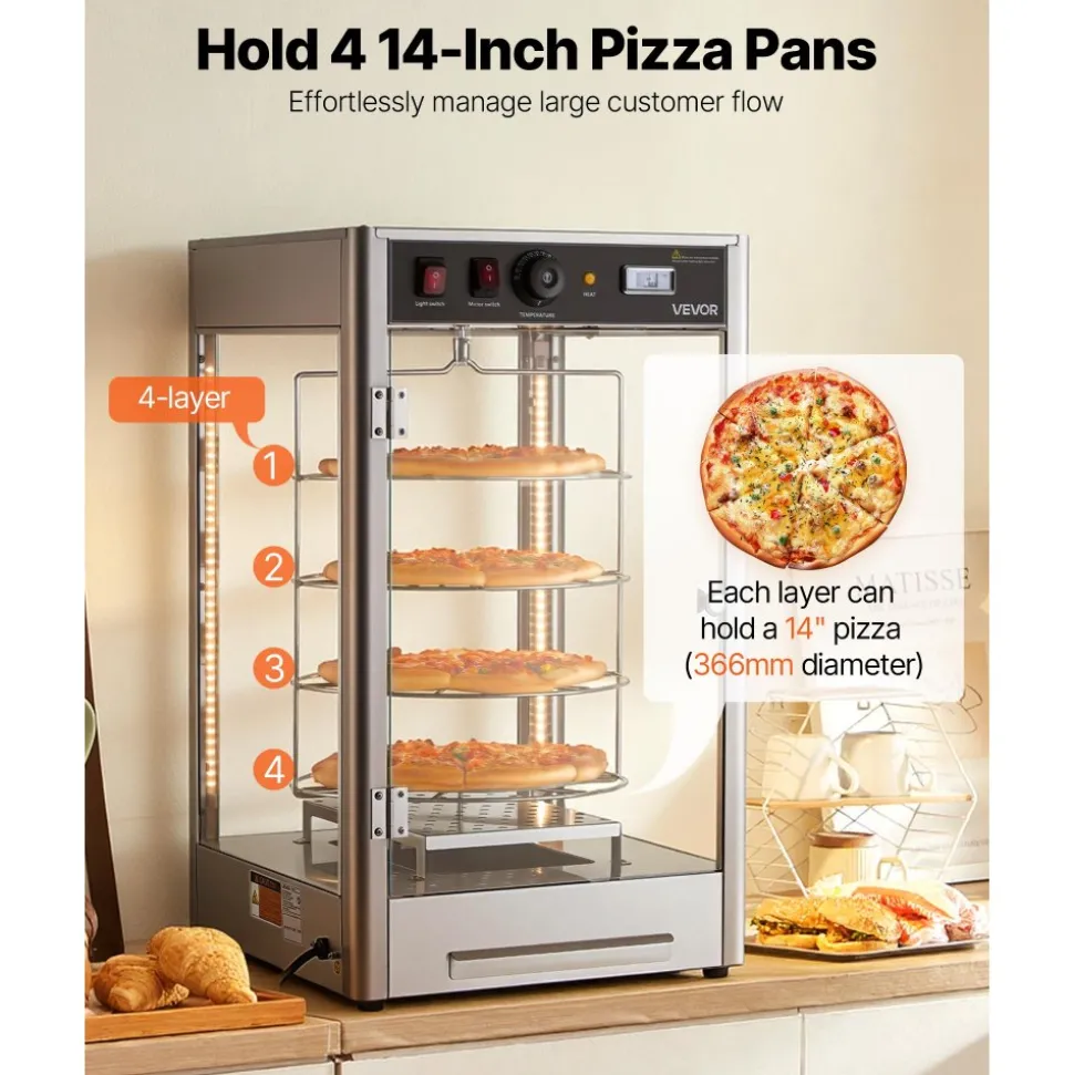VEVOR Commercial Food Warmer Display, 4-Tier Pizza Warmer with Rotary Steam Heating for 14 in Pizza, 86℉~185℉ Temperature Control and Temp Display, 25W Oven Light + Top LED for Pizza Shop, Restaurant
