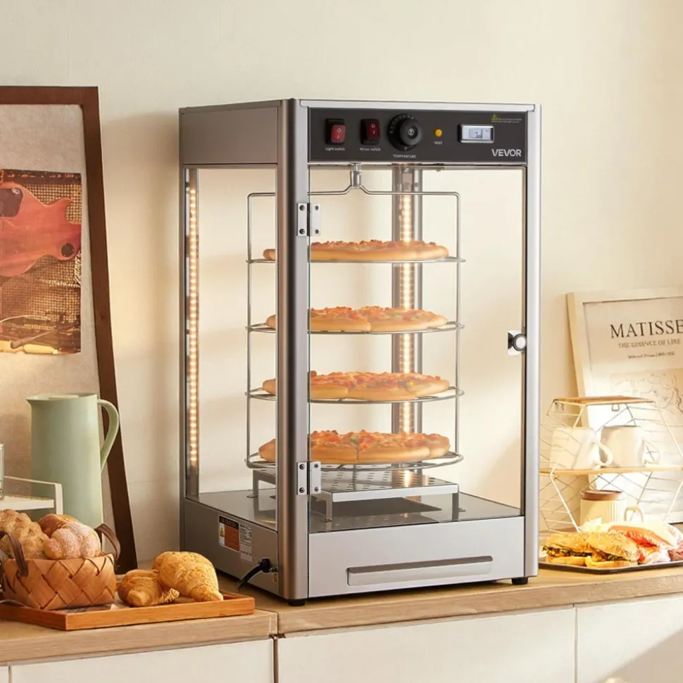 VEVOR Commercial Food Warmer Display, 4-Tier Pizza Warmer with Rotary Steam Heating for 14 in Pizza, 86℉~185℉ Temperature Control and Temp Display, 25W Oven Light + Top LED for Pizza Shop, Restaurant