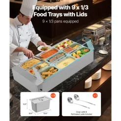 VEVOR Commercial Food Warmer, 1500W Electric Stainless Steel Steam Food Warmer with Glass Cover, 9-Pan Countertop Buffet Bain Marie with Soup & Perforated Ladles, for Catering, Restaurant & Party